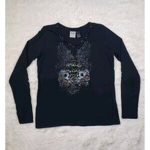 Vintage Women's Harley Davidson Shirt V-Neck Sequins Skulls Roses Size L Black
